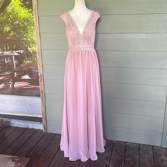 JJ’s House A-line V-Neck Floor-Length Lace Chiffon Bridesmaid Dress - Picture 1 of 12